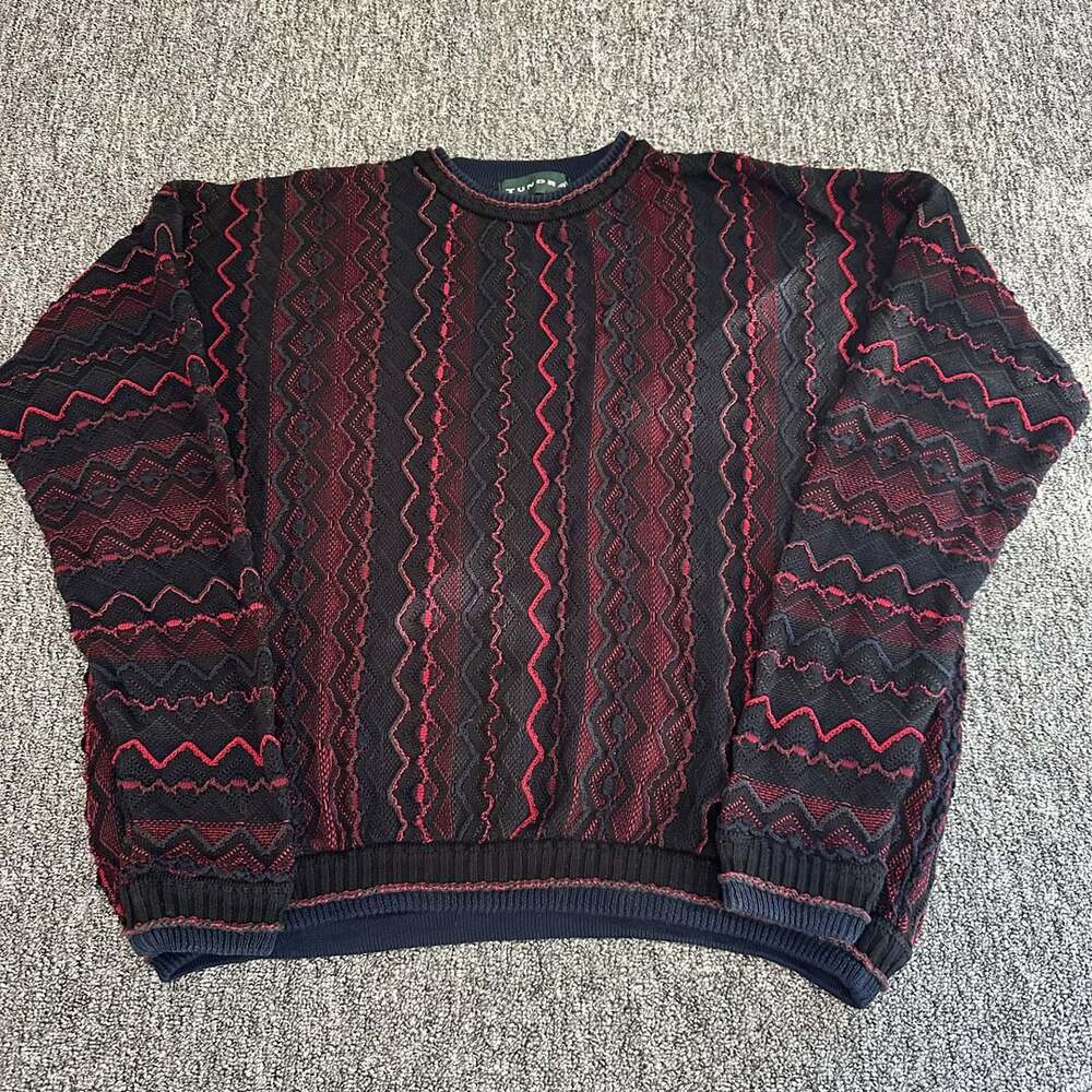 Tundra 90s 3D Knit Textured Sweater Coogi Black Red Vintage